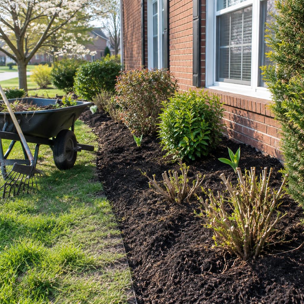 Spring flower bed cleanup with fresh mulch in Fort Worth, TX