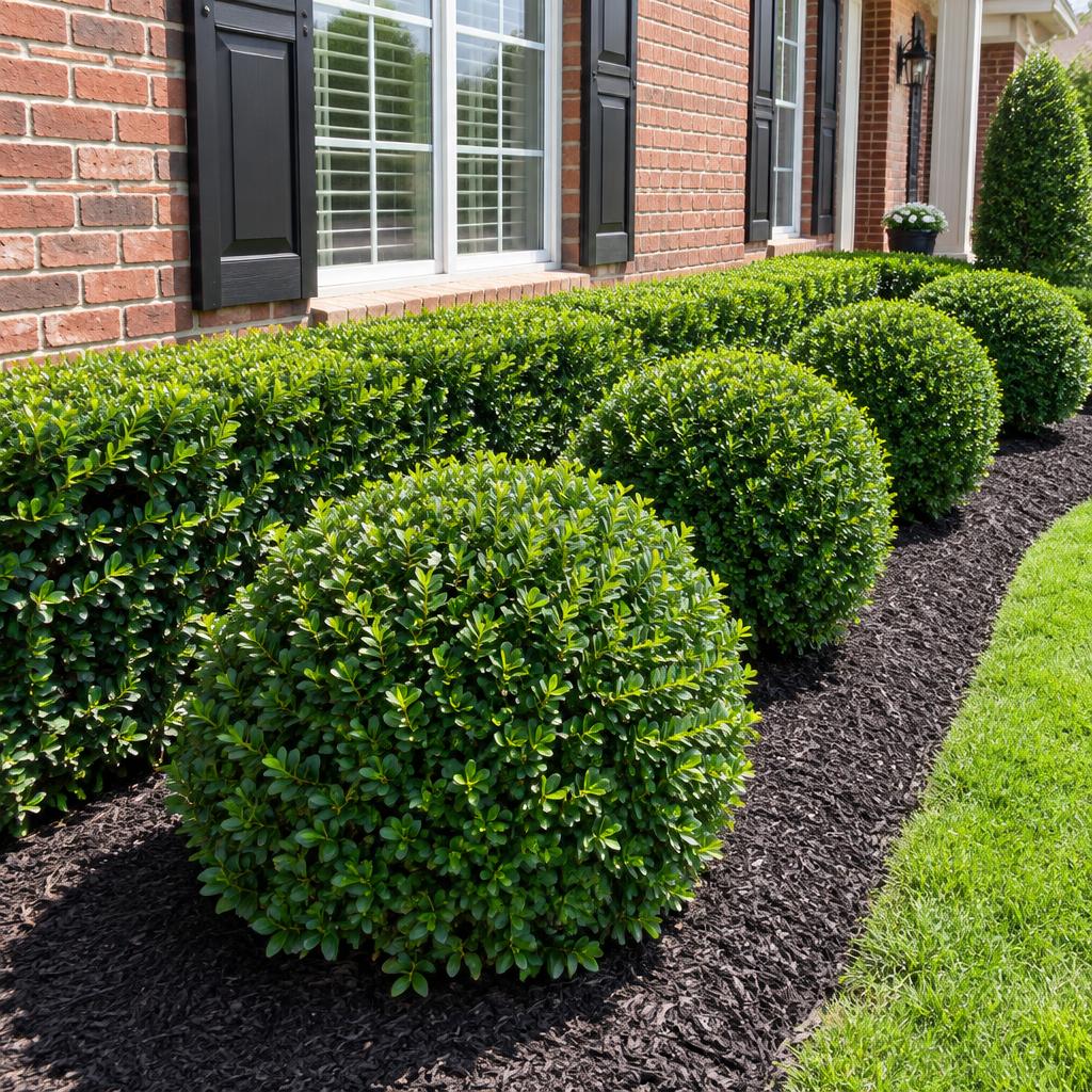Neatly trimmed shrubs along a brick home in Fort Worth, TX