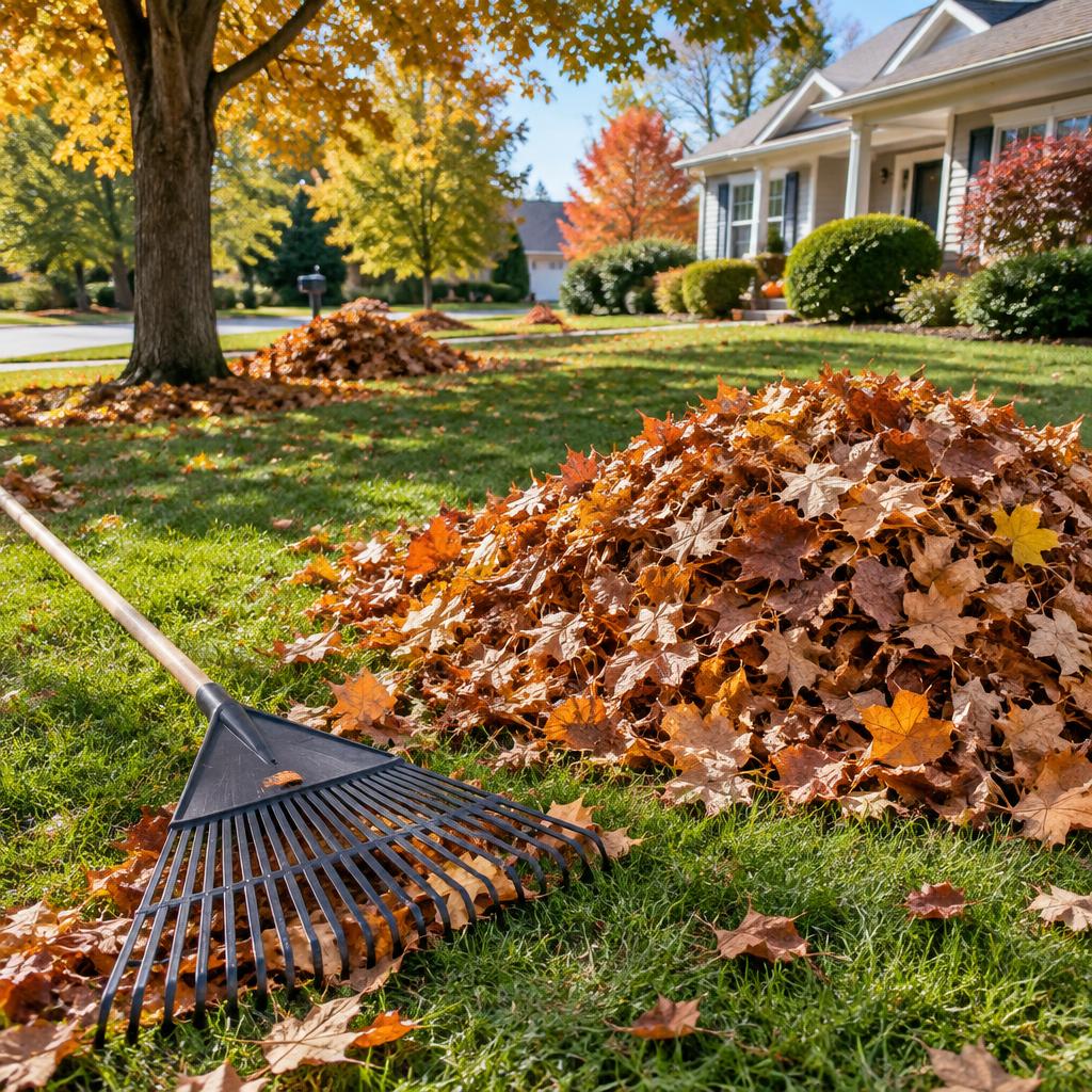 Fall leaf cleanup on a lawn in Fort Worth, TX
