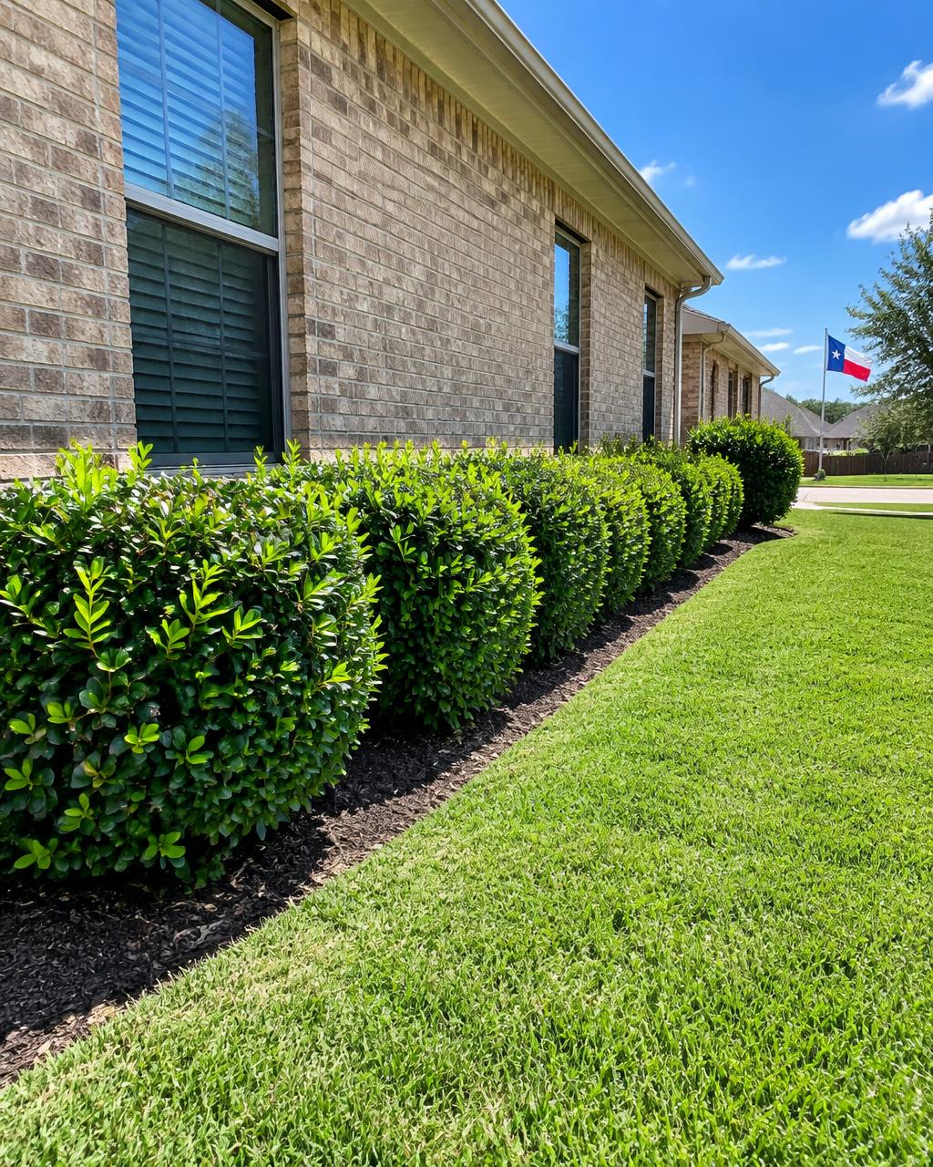 Trimmed shrubs along a brick home in Fort Worth, TX